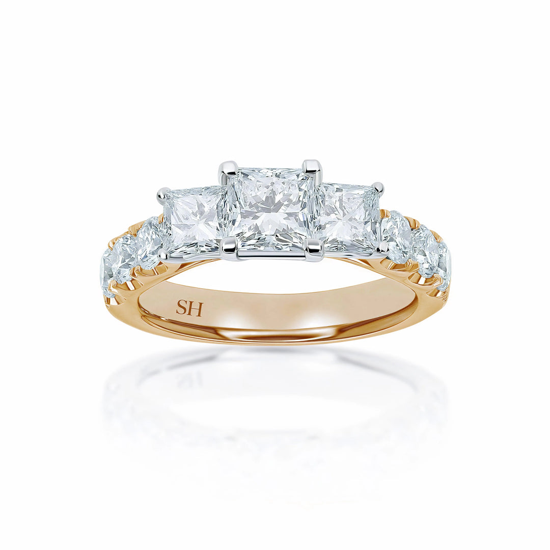 Modern Princess Cut trilogy ring with claw set band - W0033