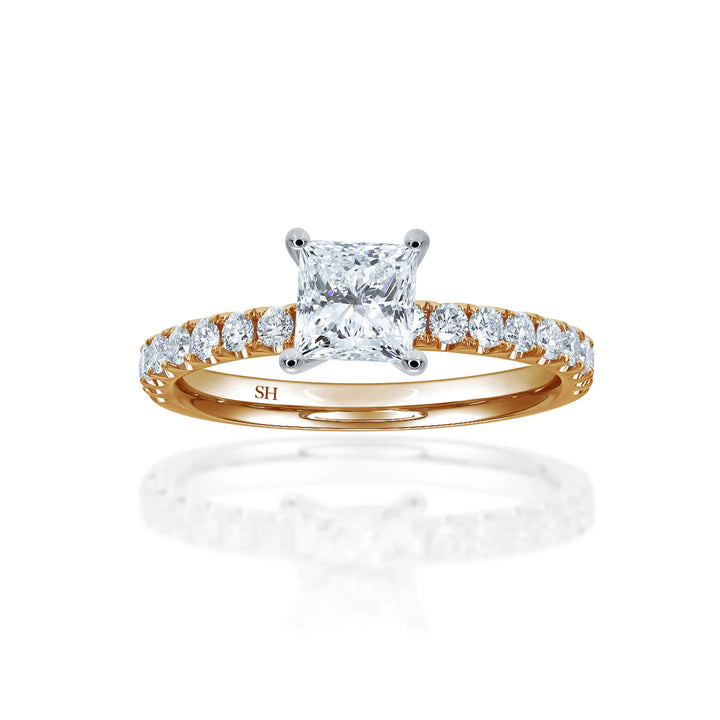 4-Claw Princess Cut Timeless Engagement Ring with Pavé-Set Band - W0807