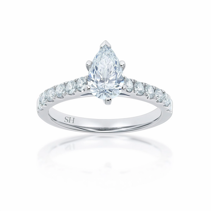 Modern 6-Claw Pear Shaped diamond engagement ring with pavé set band - W0025