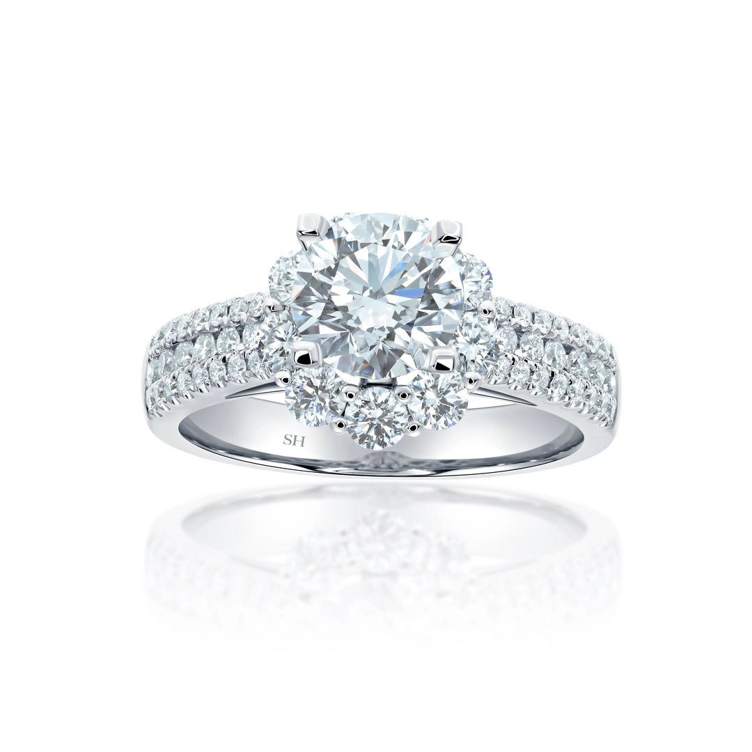 Modern Floral Halo Engagement Ring with 3.5mm 3-Row Band - W0805