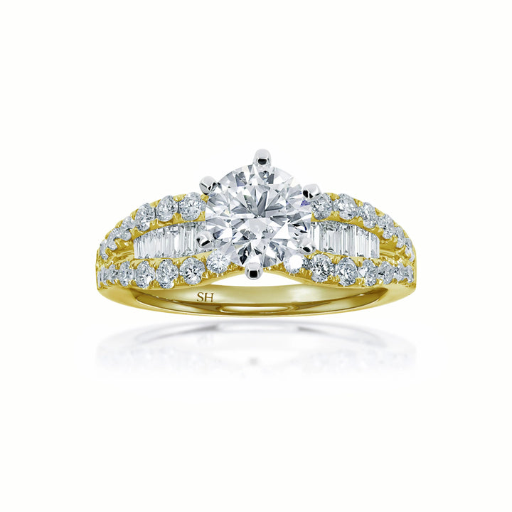 Bold 6-claw ring with channel set baguette diamond band - W0409
