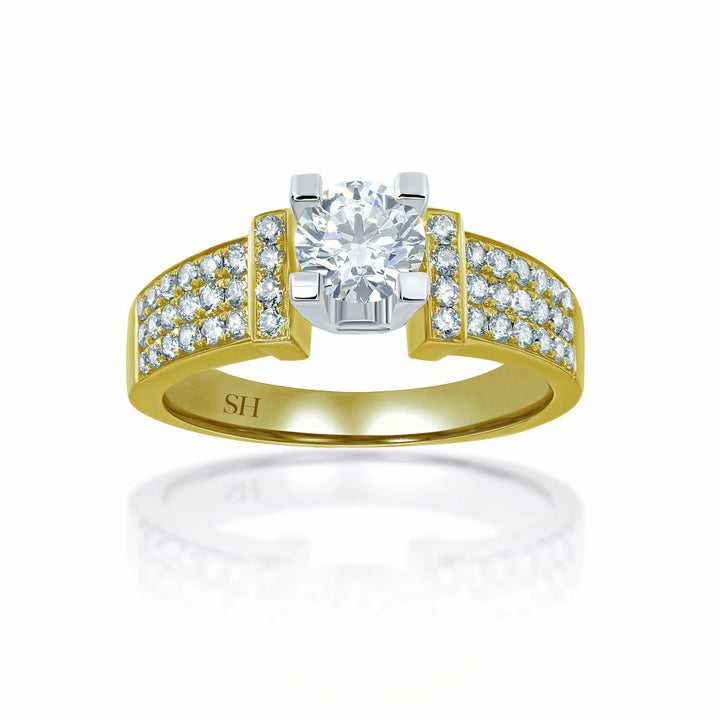 Modern 4-Claw engagement ring with tapered three row pavé set diamond band - W0058