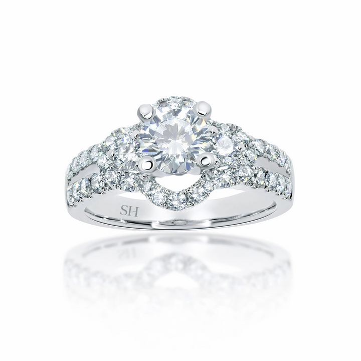 Modern 4-Claw engagement ring with semi halo twin Pavé set band - W0052