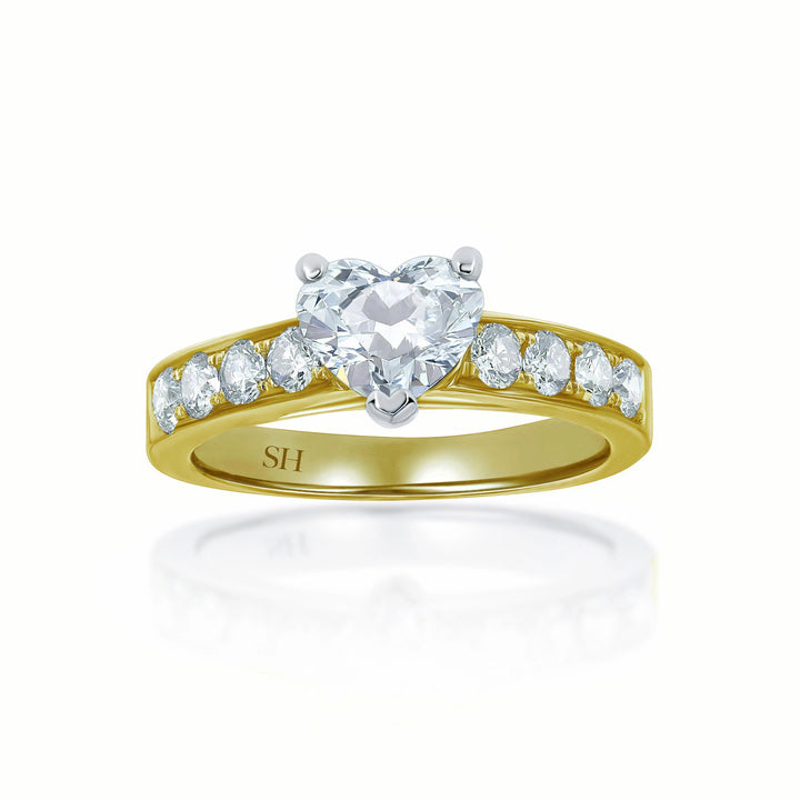 Modern 3-Claw Heart Shaped diamond engagement ring with pavé set diamond band - W0029