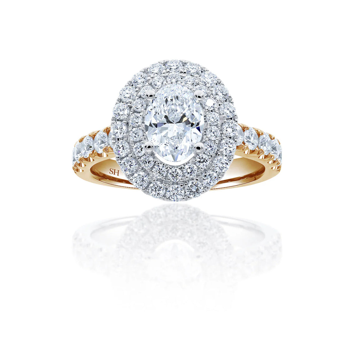 Double Halo Oval Engagement Ring with Single Pavé-Set Band - W0579