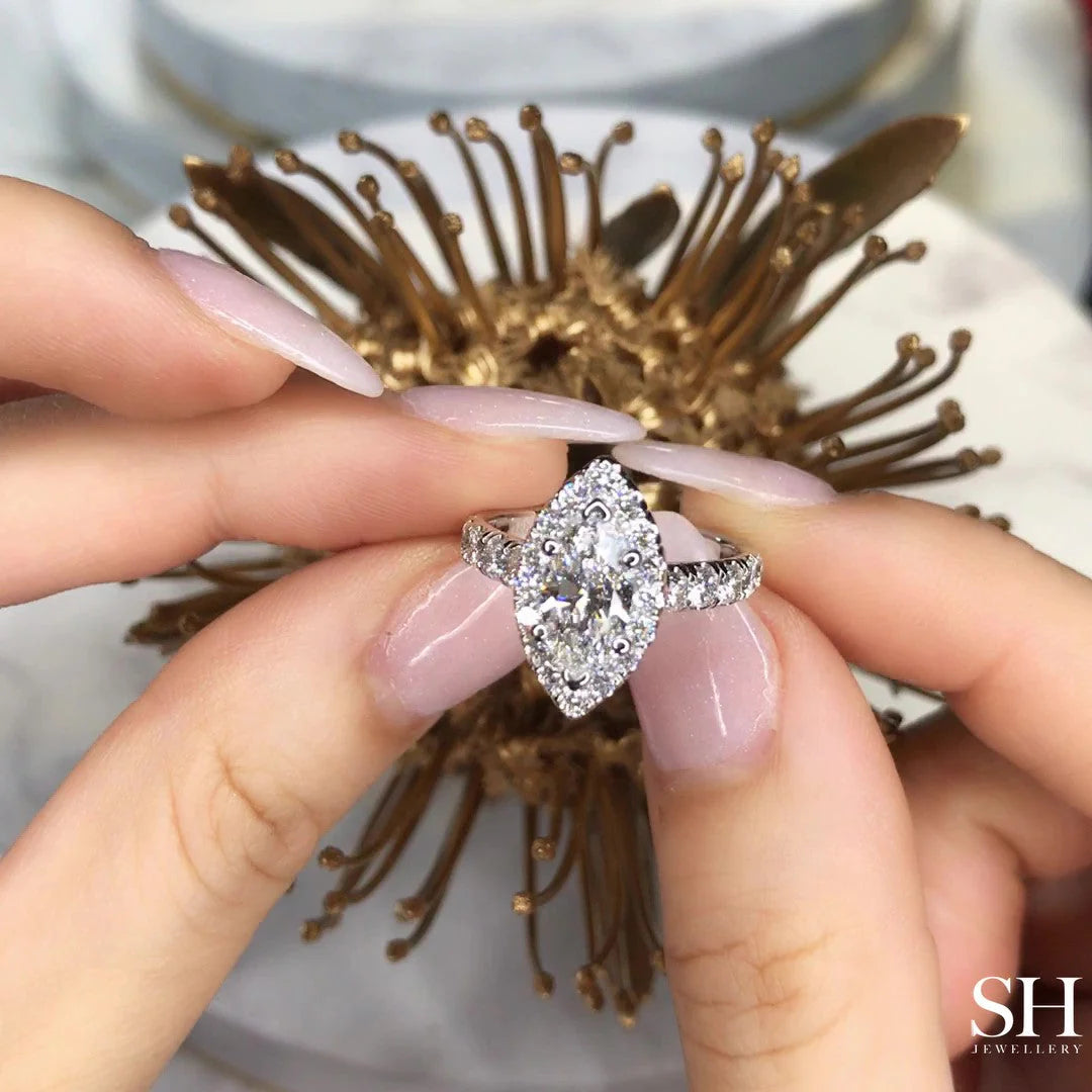 Bold Halo Marquise Engagement Ring with Pavé-Set Band - W0582