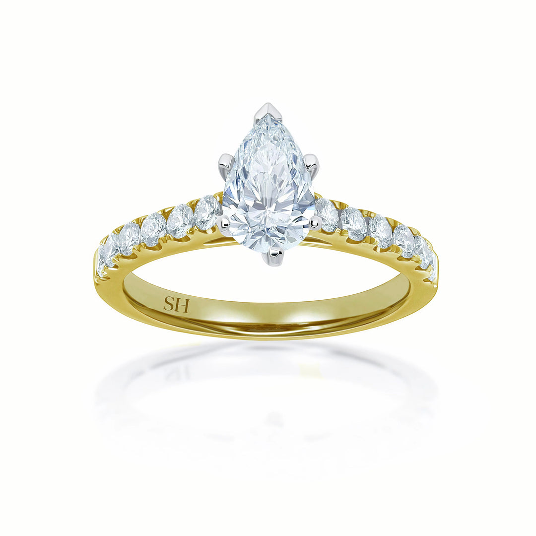 Modern 6-Claw Pear Shaped diamond engagement ring with pavé set band - W0025