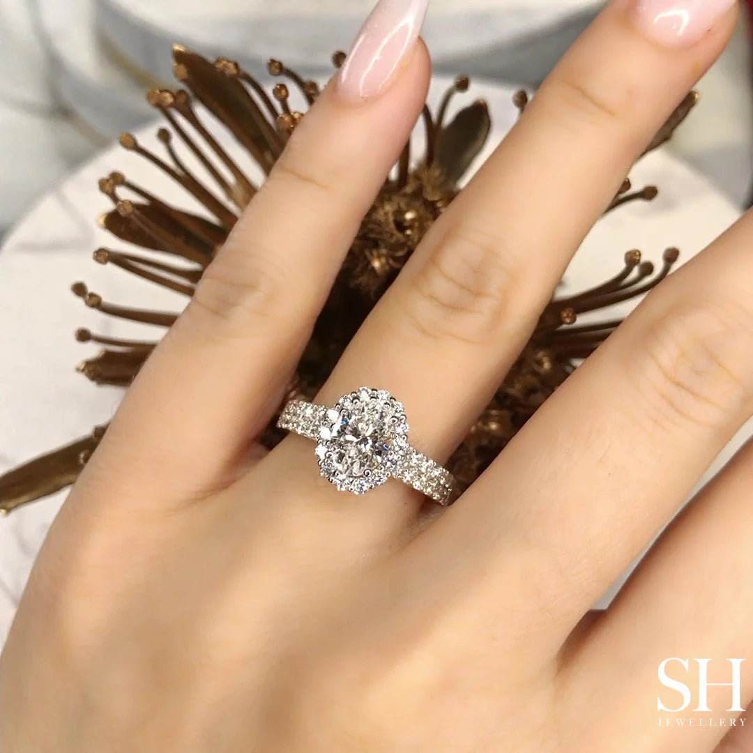 Floral Halo Oval Engagement Ring With Twin Pavé-Set Diamond Bands - W0580