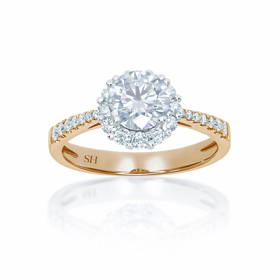 Floral halo style engagement ring with tapered band - W0046