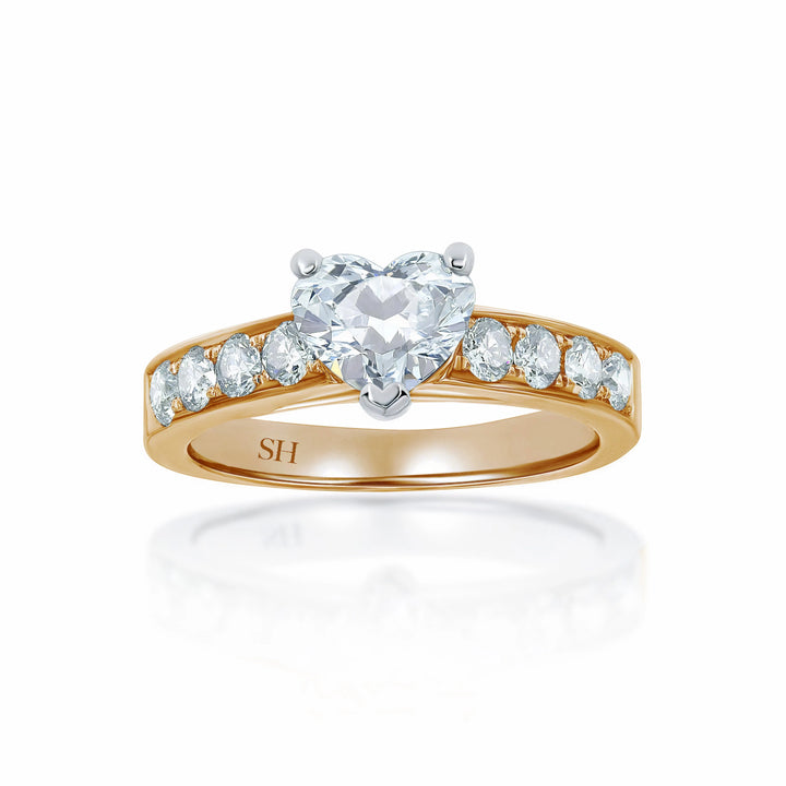 Modern 3-Claw Heart Shaped diamond engagement ring with pavé set diamond band - W0029