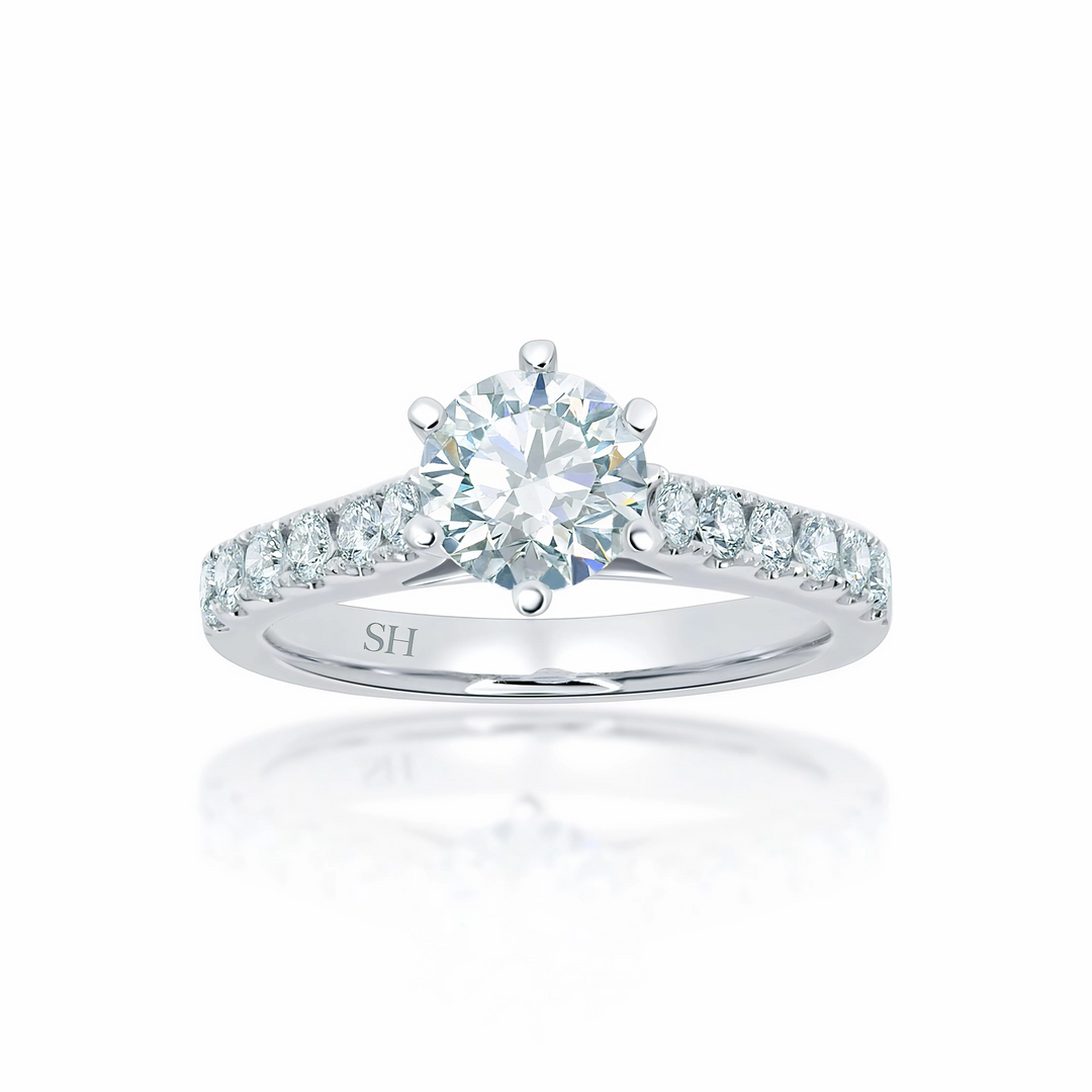 Bold 6-Claw engagement ring with pavé set band - W0253