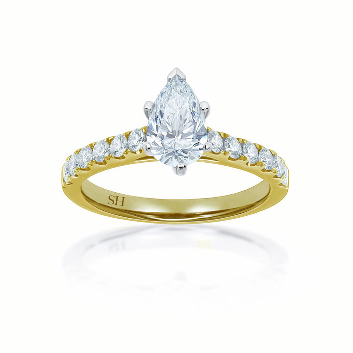Modern 6-Claw Pear Shaped diamond engagement ring with pavé set band - W0025