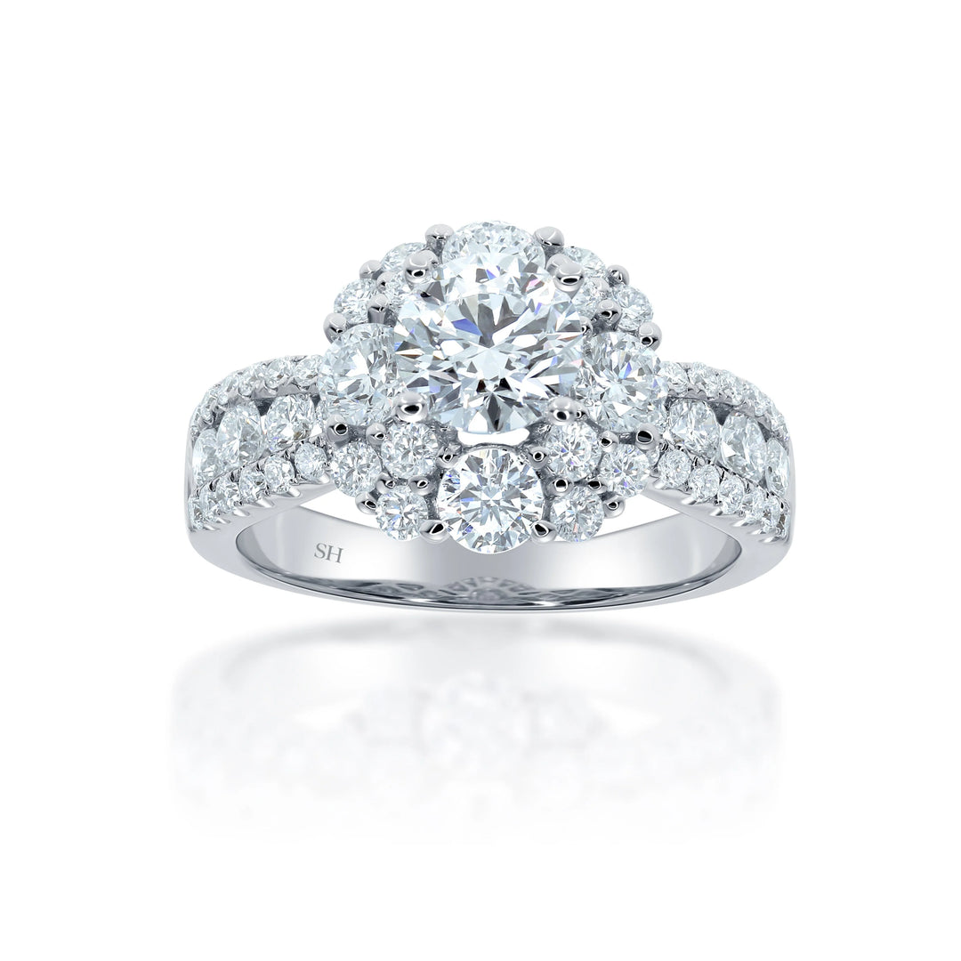 Modern Halo Cluster Engagement Ring with 4.5mm 3-Row Band - W0802