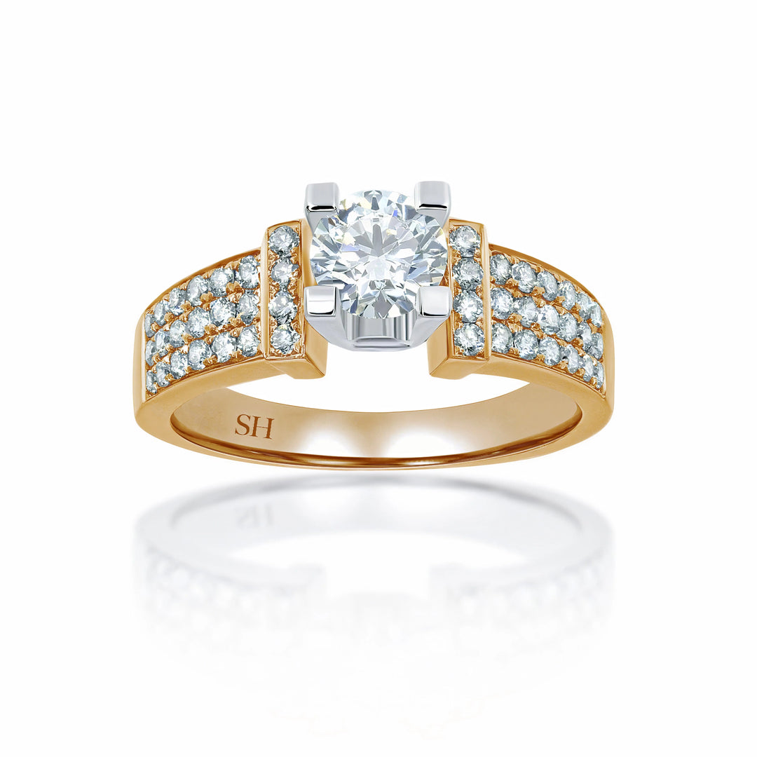 Modern 4-Claw engagement ring with tapered three row pavé set diamond band - W0058