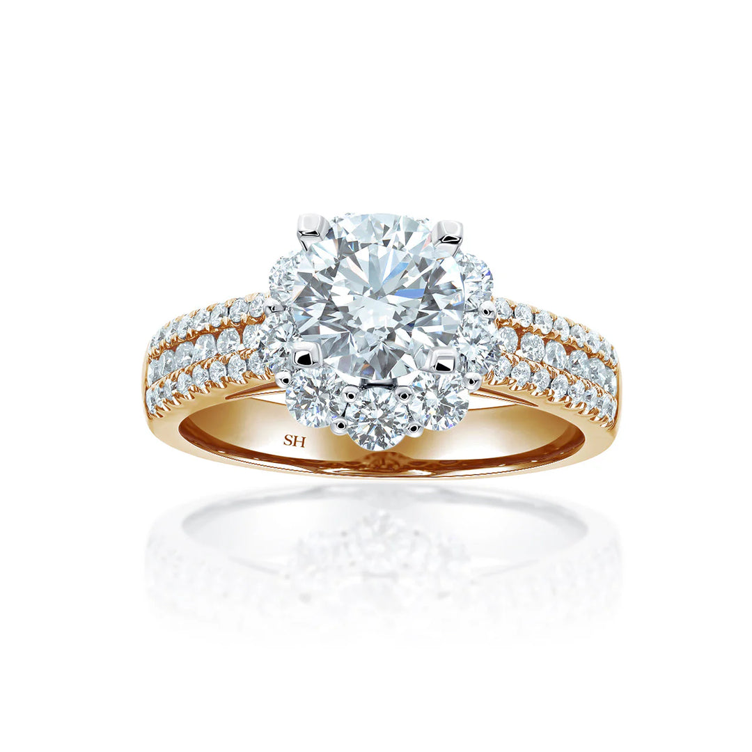 Modern Floral Halo Engagement Ring with 3.5mm 3-Row Band - W0805