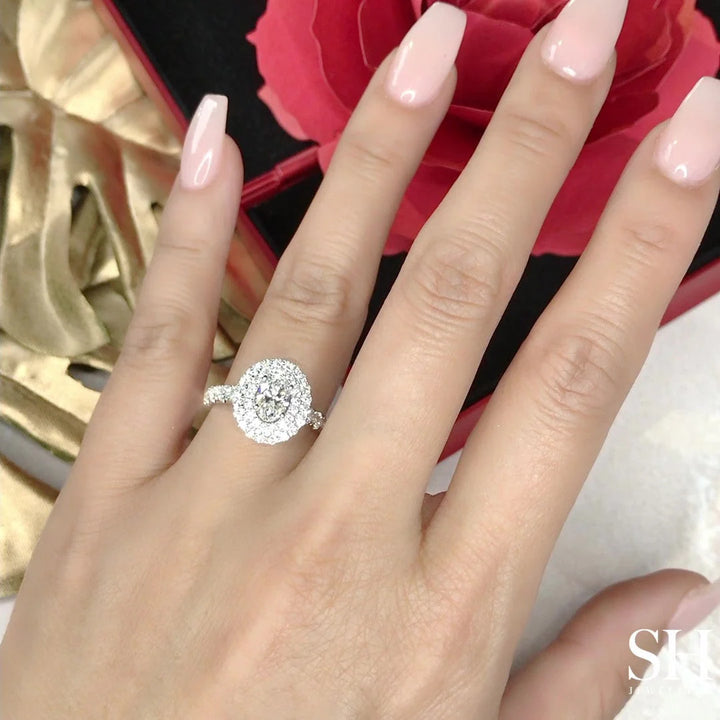 Double Halo Oval Engagement Ring with Single Pavé-Set Band - W0579