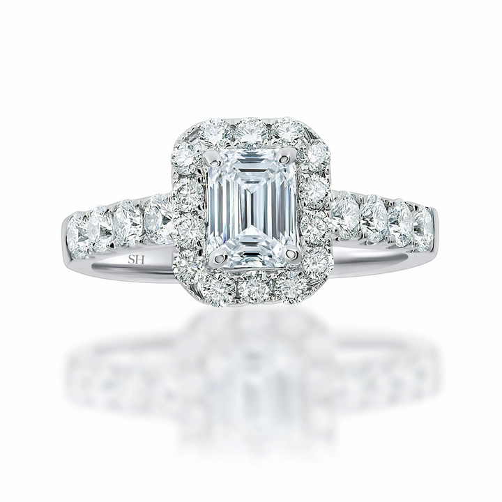 Emerald Cut Halo with Pavé-Set Diamond Band - W0043