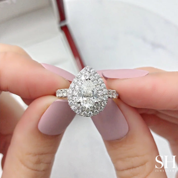 Bright Pear Shaped Double Halo Ring with Pavé Set Band - W0576