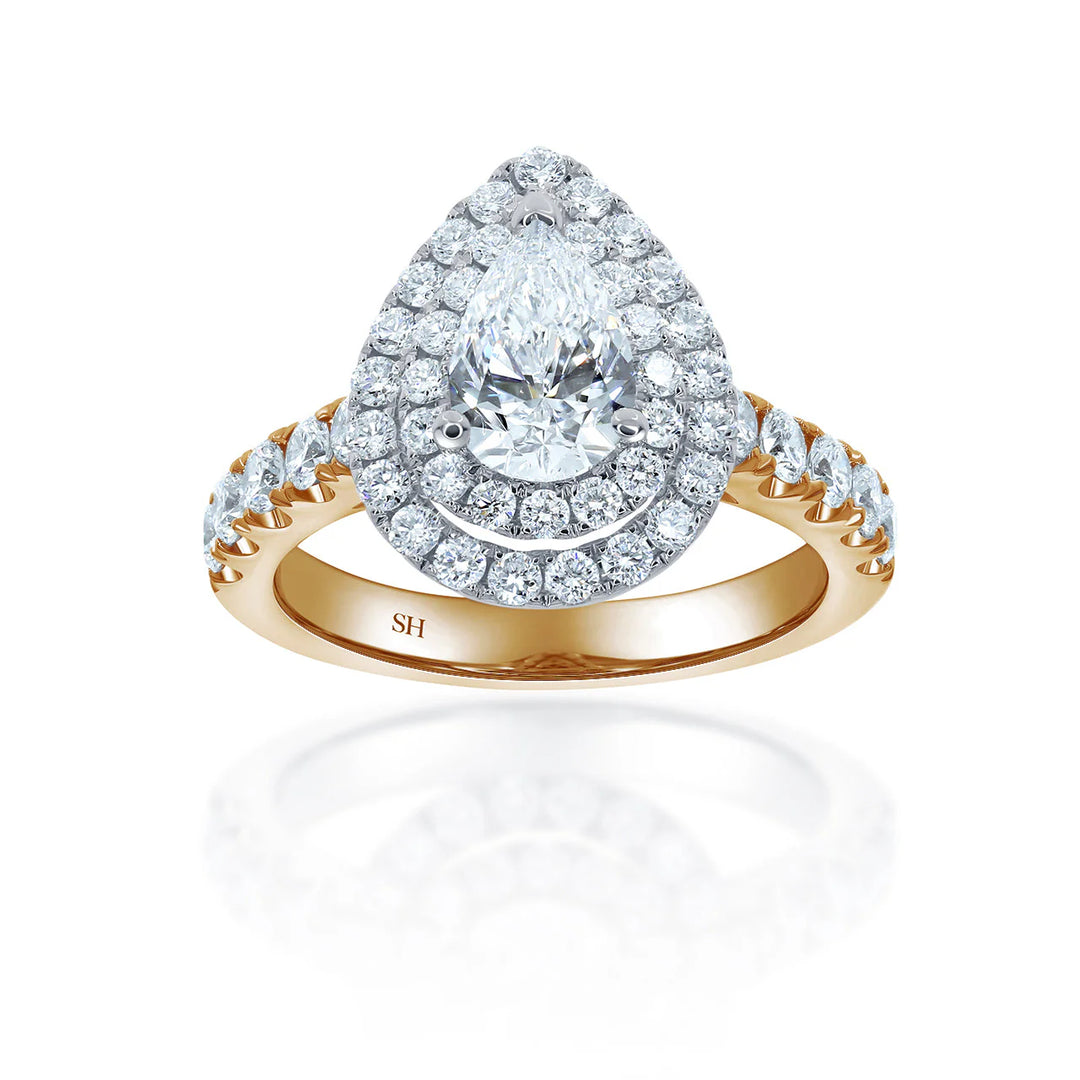 Double Halo Pear-Shaped Engagement Ring with 2.8mm Pavé-Set Band - W0800