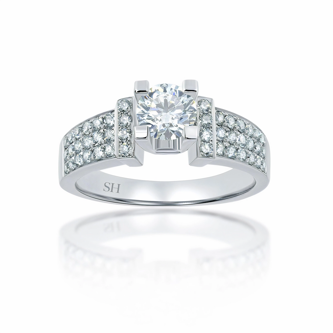 Modern 4-Claw engagement ring with tapered three row pavé set diamond band - W0058