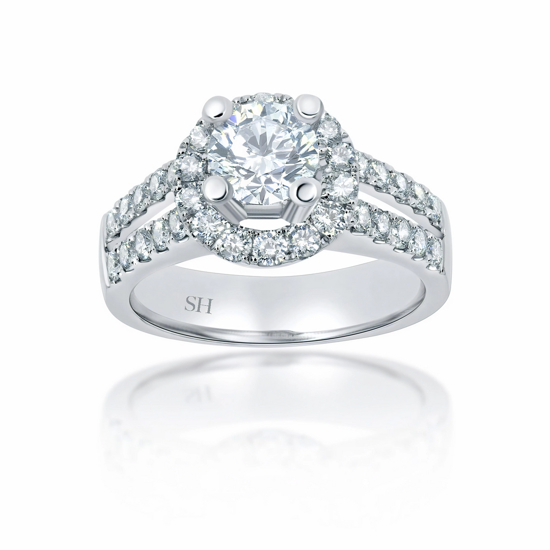 Halo Style Engagement Ring with Twin Pavé-Set Diamond Bands - W0039
