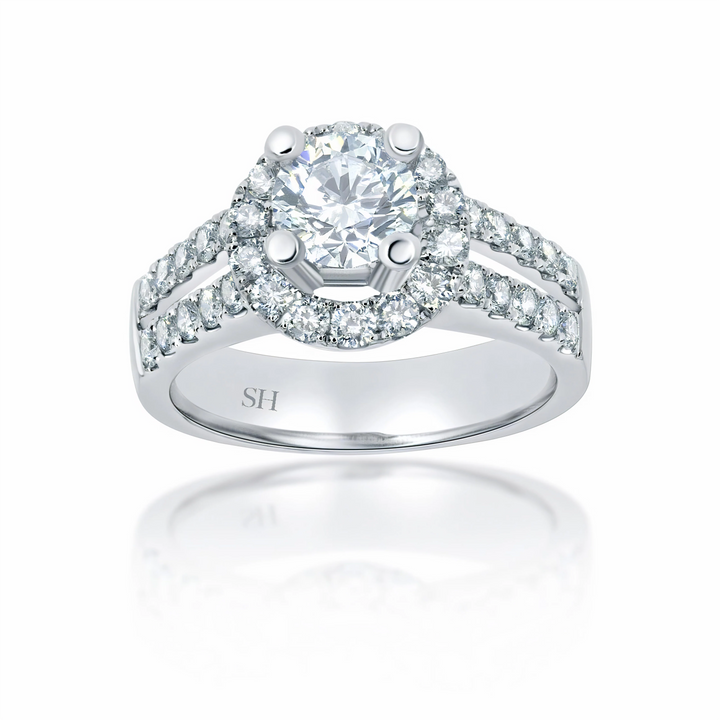 Halo Style Engagement Ring with Twin Pavé-Set Diamond Bands - W0039