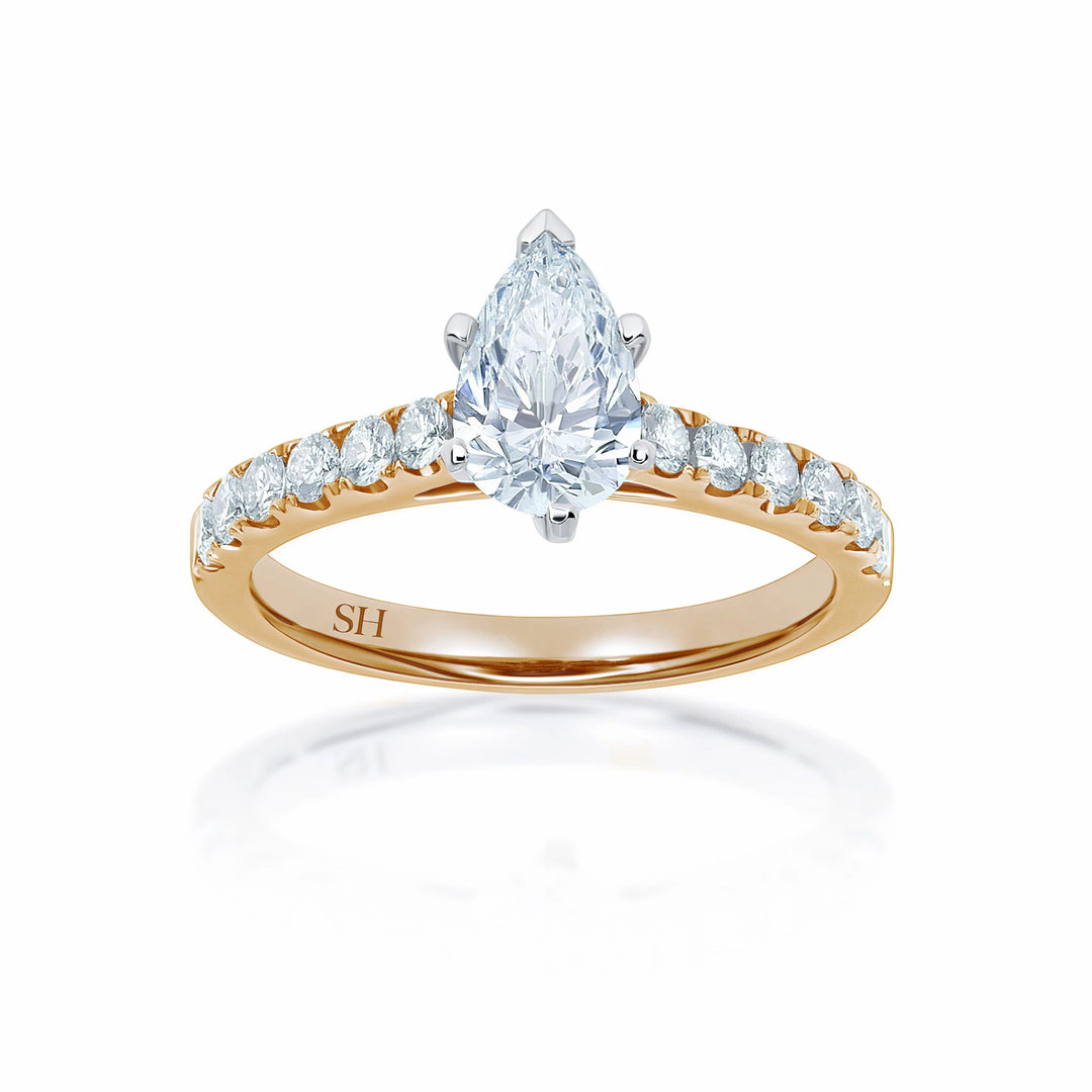 Modern 6-Claw Pear Shaped diamond engagement ring with pavé set band - W0025