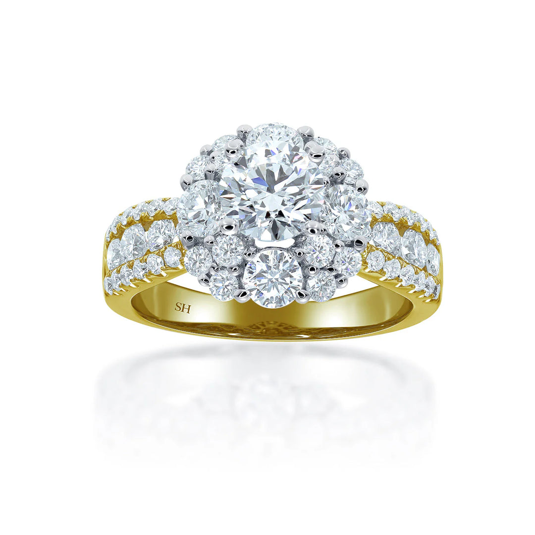 Modern Halo Cluster Engagement Ring with 4.5mm 3-Row Band - W0802