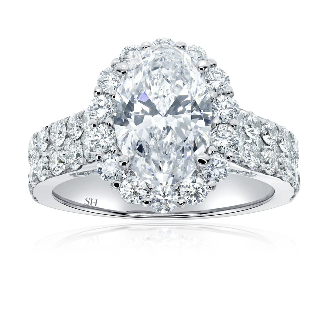 Floral Halo Oval Engagement Ring With Twin Pavé-Set Diamond Bands - W0580