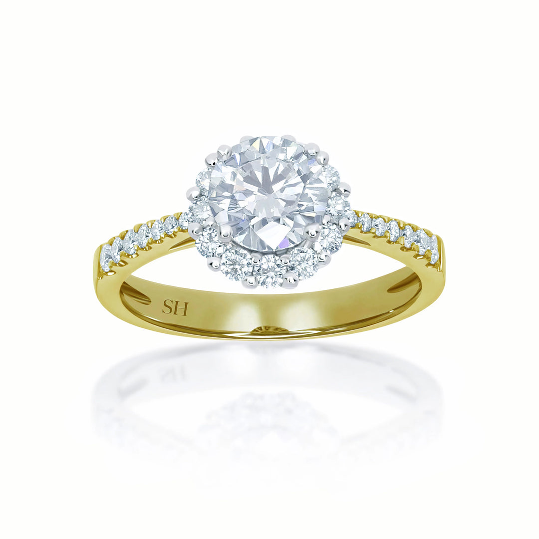 Floral halo style engagement ring with tapered band - W0046