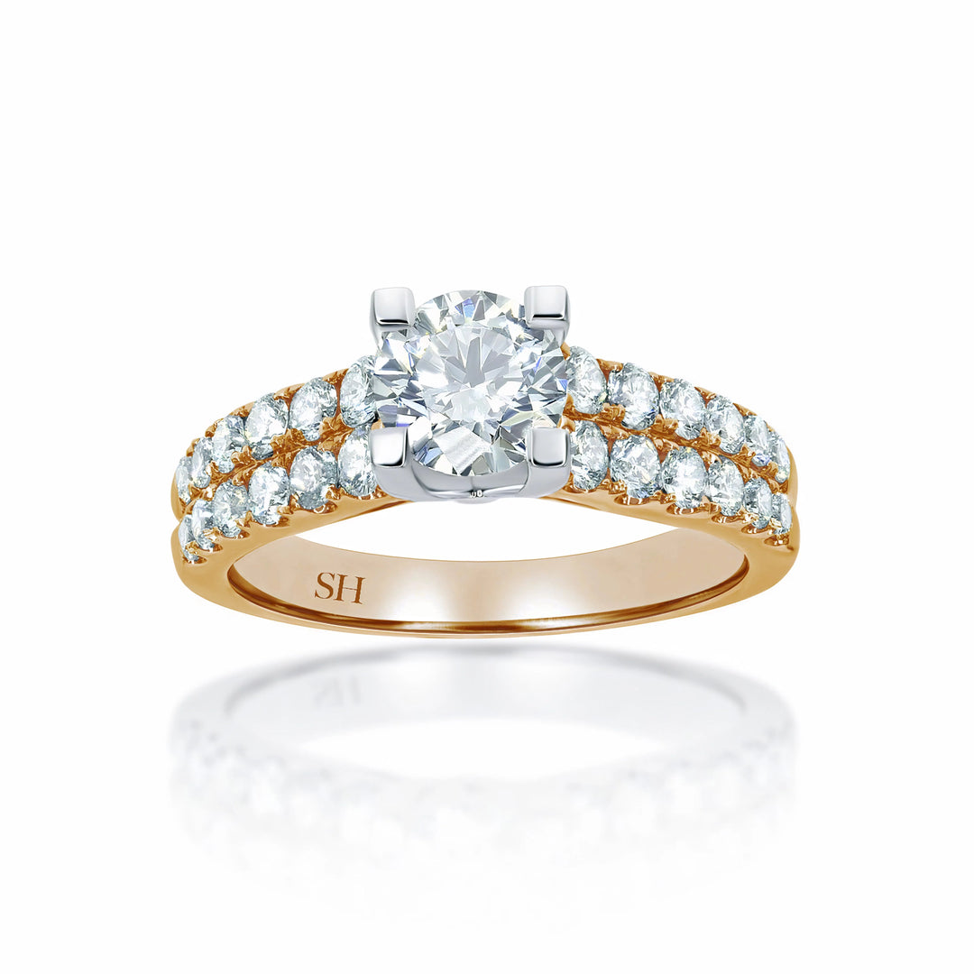4-Claw engagement ring with tapered two row pavé set band - W0059
