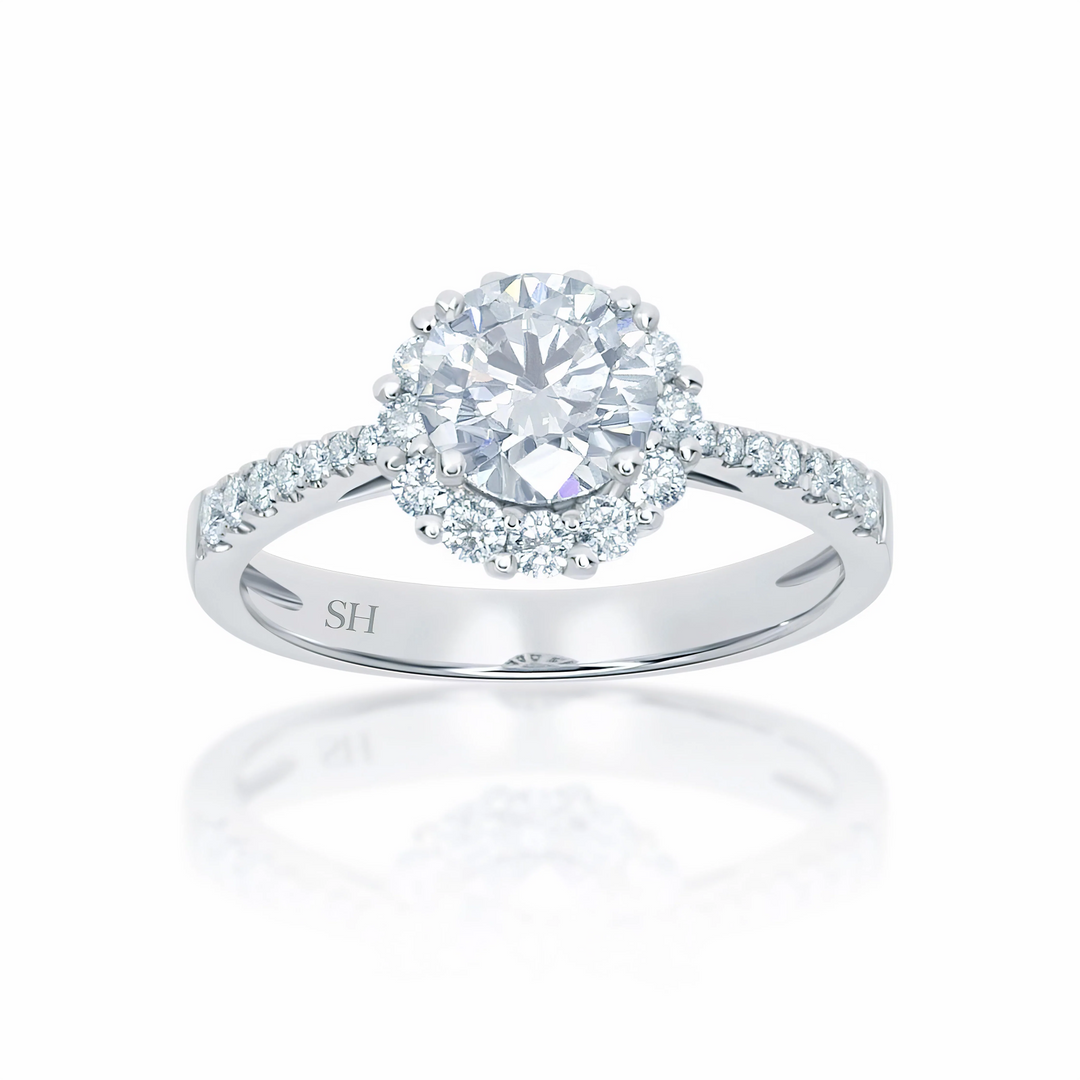 Floral halo style engagement ring with tapered band - W0046