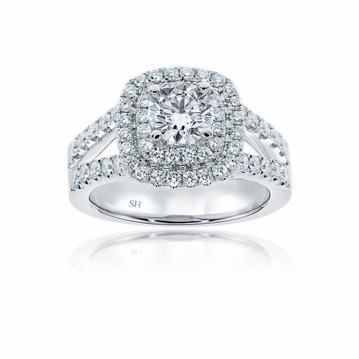 Double Cushion halo with tapering double pave set band - W0403