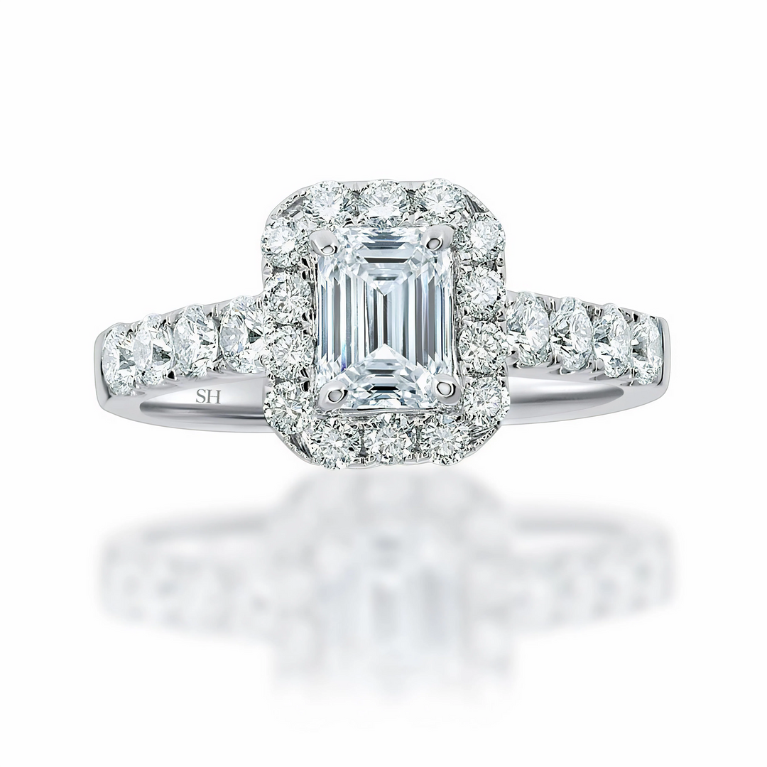 Emerald Cut Halo with Pavé-Set Diamond Band - W0043