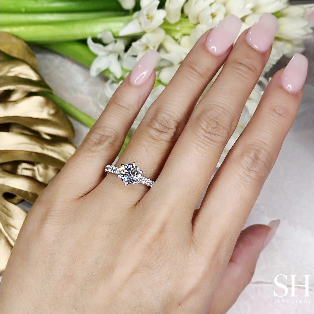 Bold 6-Claw engagement ring with pavé set band - W0253