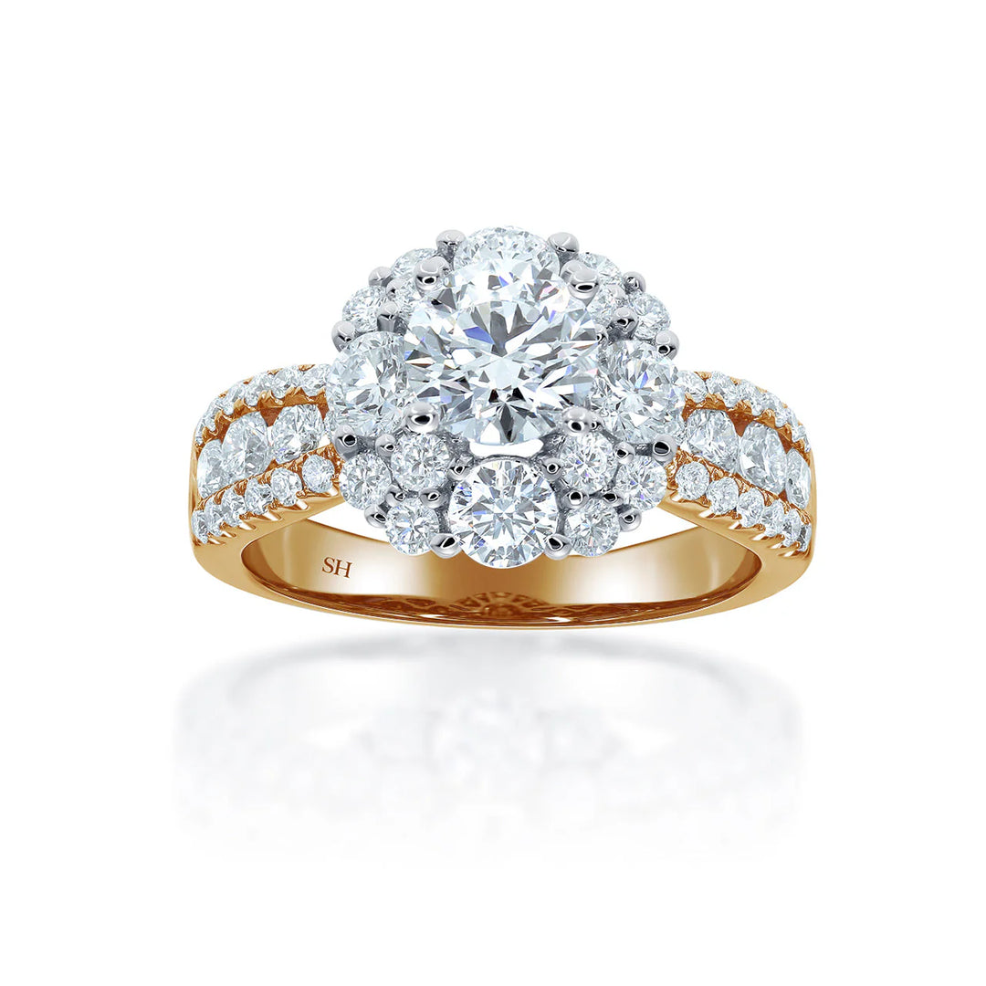 Modern Halo Cluster Engagement Ring with 4.5mm 3-Row Band - W0802