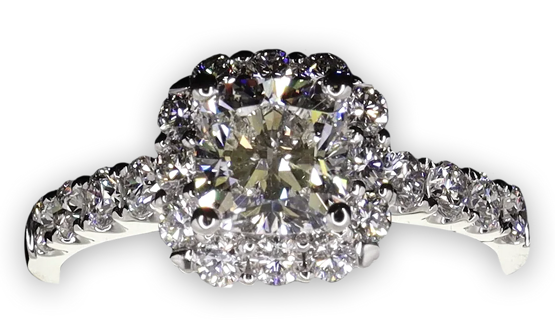 Cushion Cut halo with pavé set diamond band - W0350