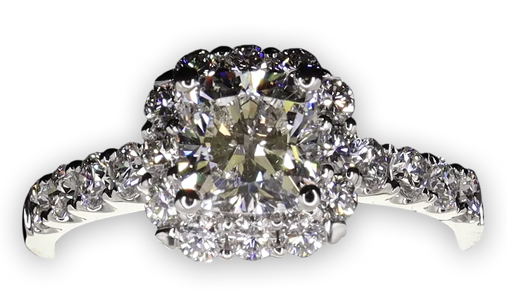 Cushion Cut halo with pavé set diamond band - W0350