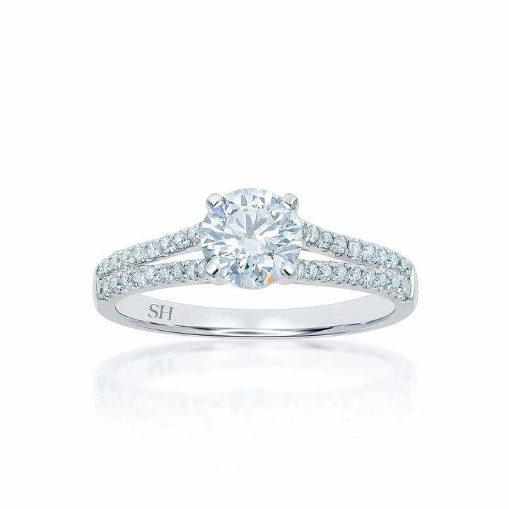Classic 4-Claw engagement ring with split pavé set diamond band - W0030