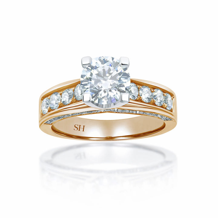 Modern 4-Claw engagement ring with grain set diamond band - W0051