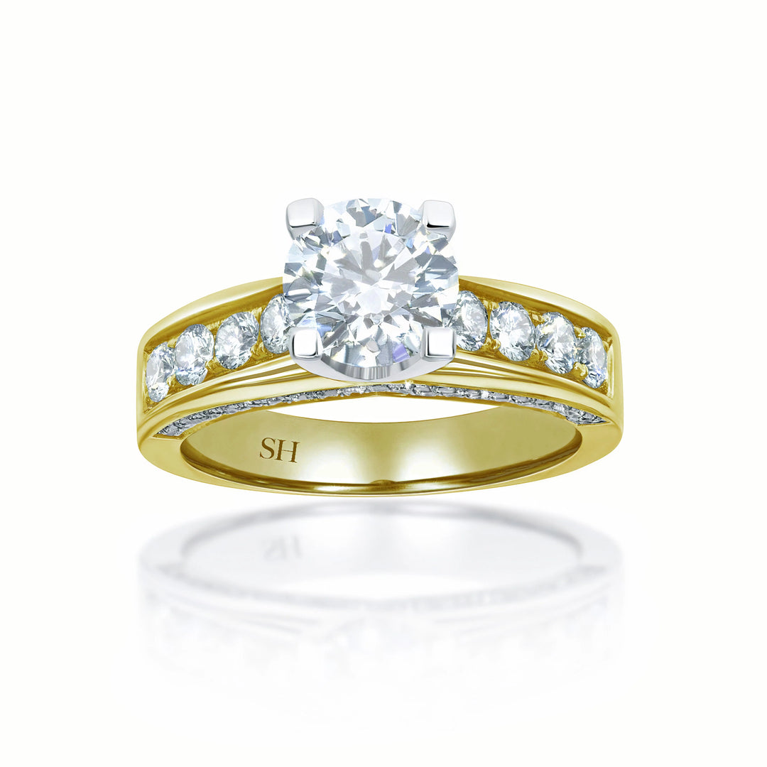 Modern 4-Claw engagement ring with grain set diamond band - W0051