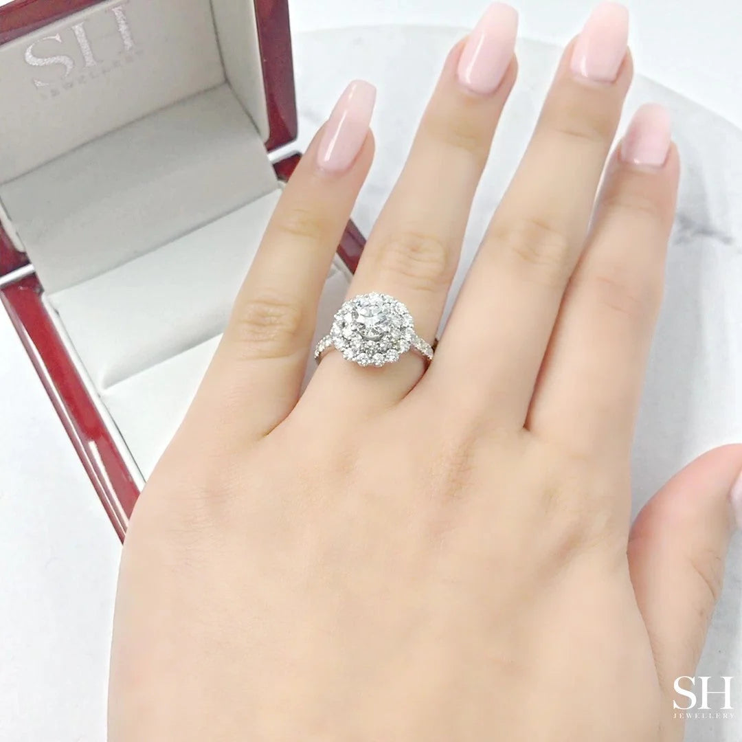 Floral Double Halo Diamond Engagement Ring with Pavé-Set Band - W0587