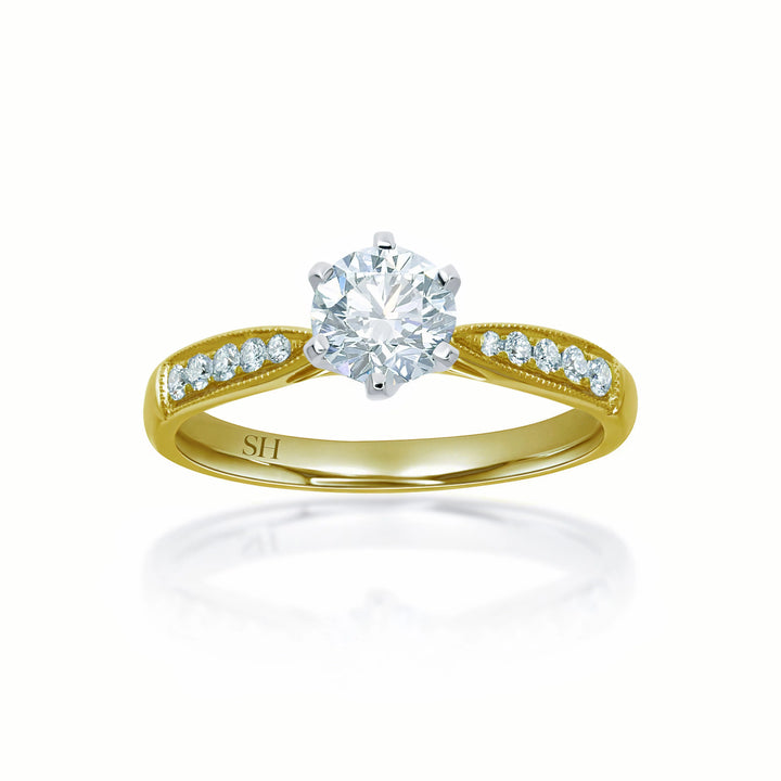 Minimalistic 6-claw ring with milgrain tapered band - W0248