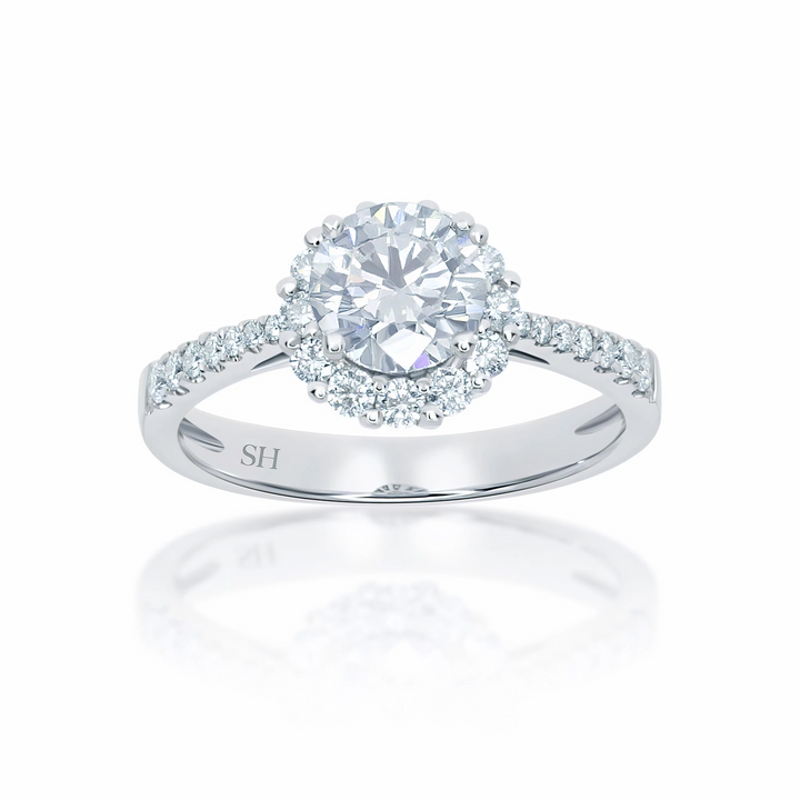 Floral halo style engagement ring with tapered band - W0046