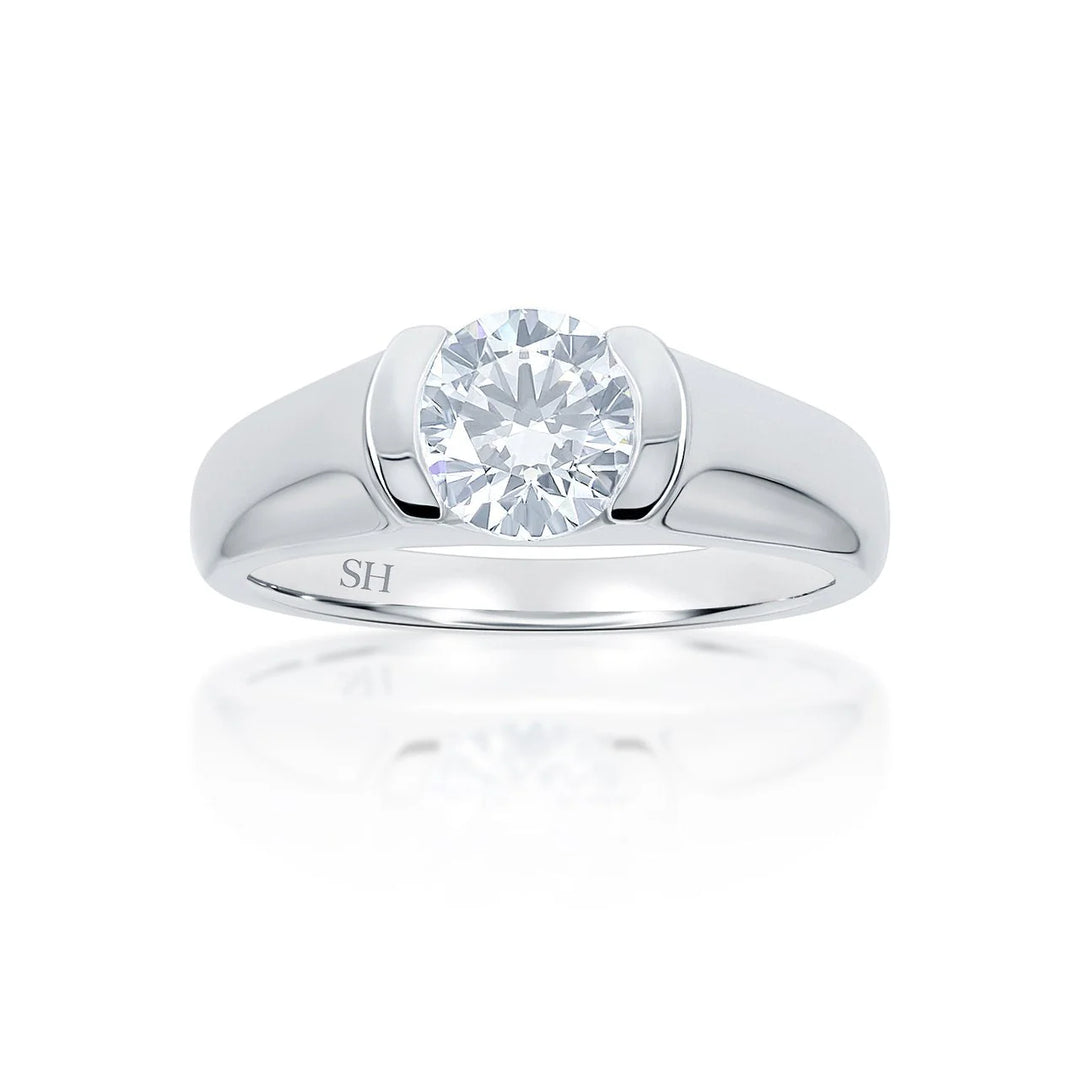 Modern half bezel set solitaire engagement ring - W0010