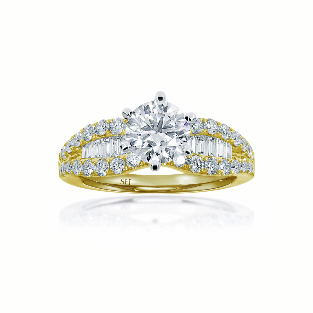 Bold 6-claw ring with channel set baguette diamond band - W0409