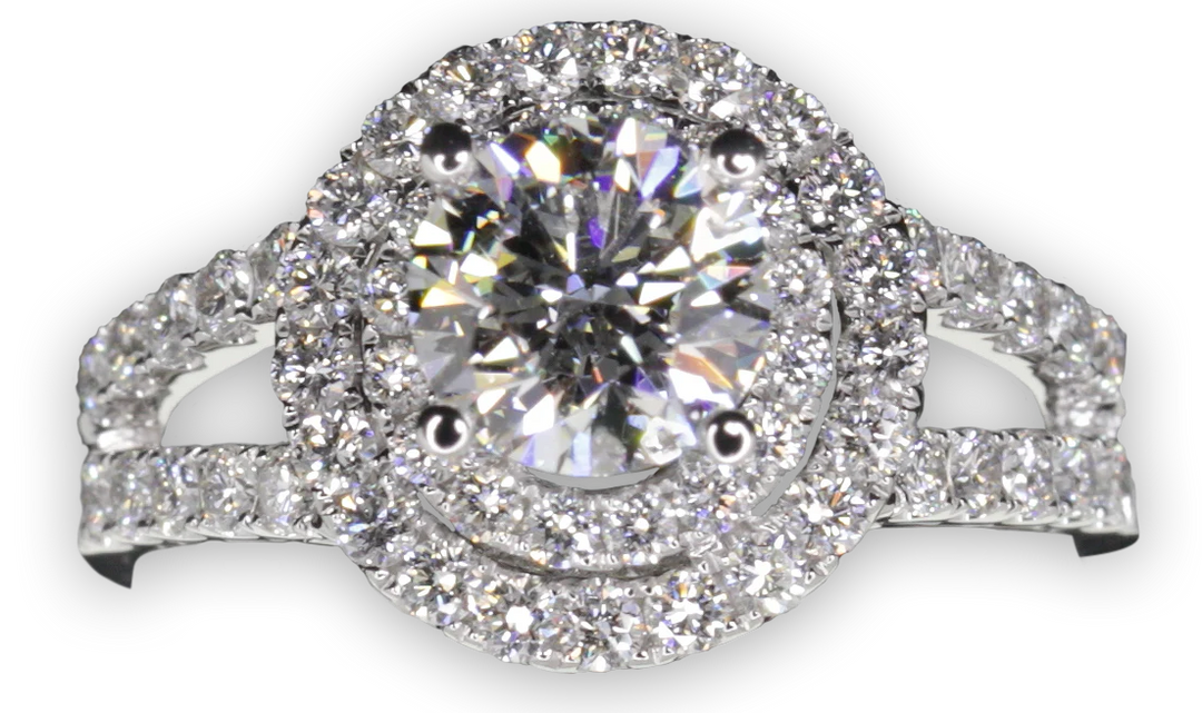 Double Halo Style Diamond Engagement Ring with Twin Pavé-Set Band - W0060