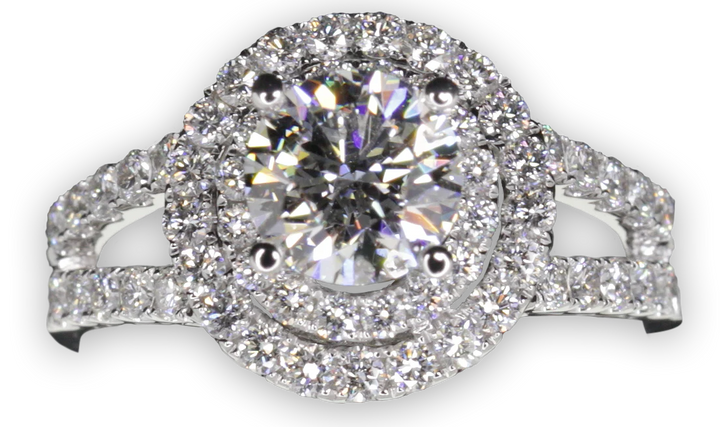 Double Halo Style Diamond Engagement Ring with Twin Pavé-Set Band - W0060