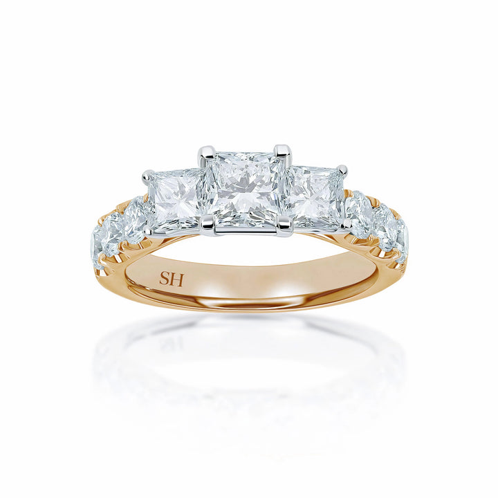 Modern Princess Cut trilogy ring with claw set band - W0033