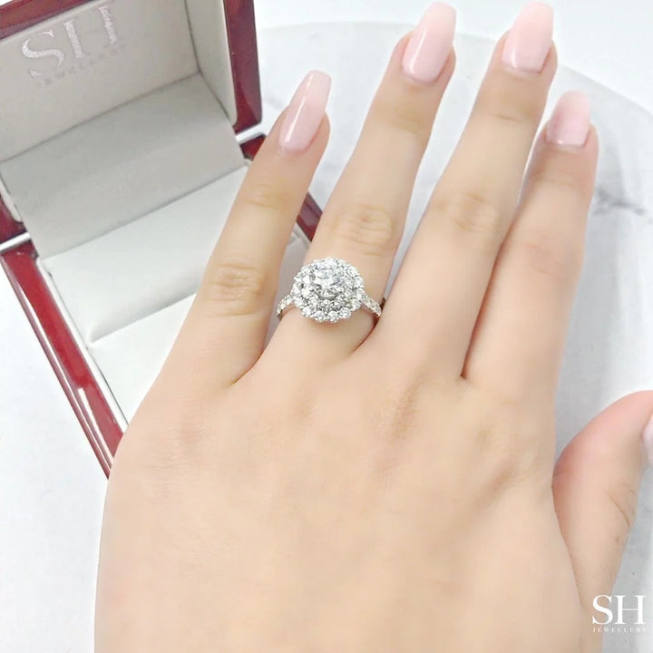 Floral Double Halo Diamond Engagement Ring with Pavé-Set Band - W0587